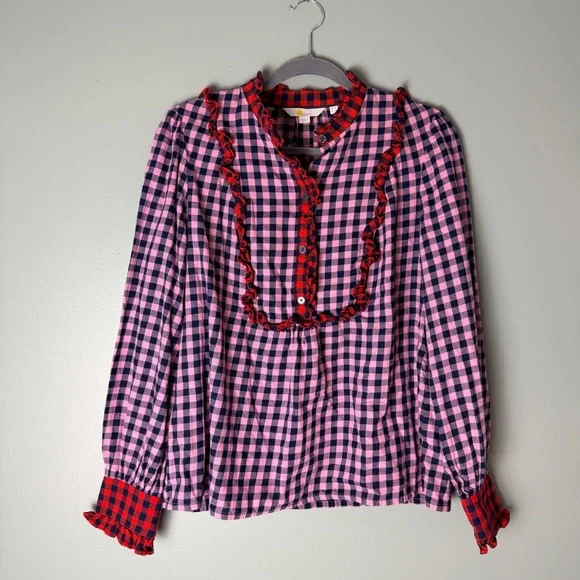 Boden Isla Frill Detail Pink and Black Plaid Cotton Flannel Button Up Shirt - Picture 5 of 10